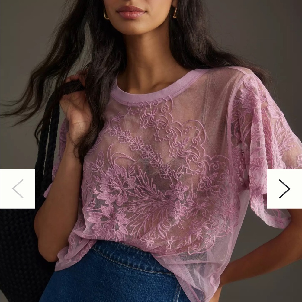 By Anthropologie Short-Sleeve Embroidered Mesh Top